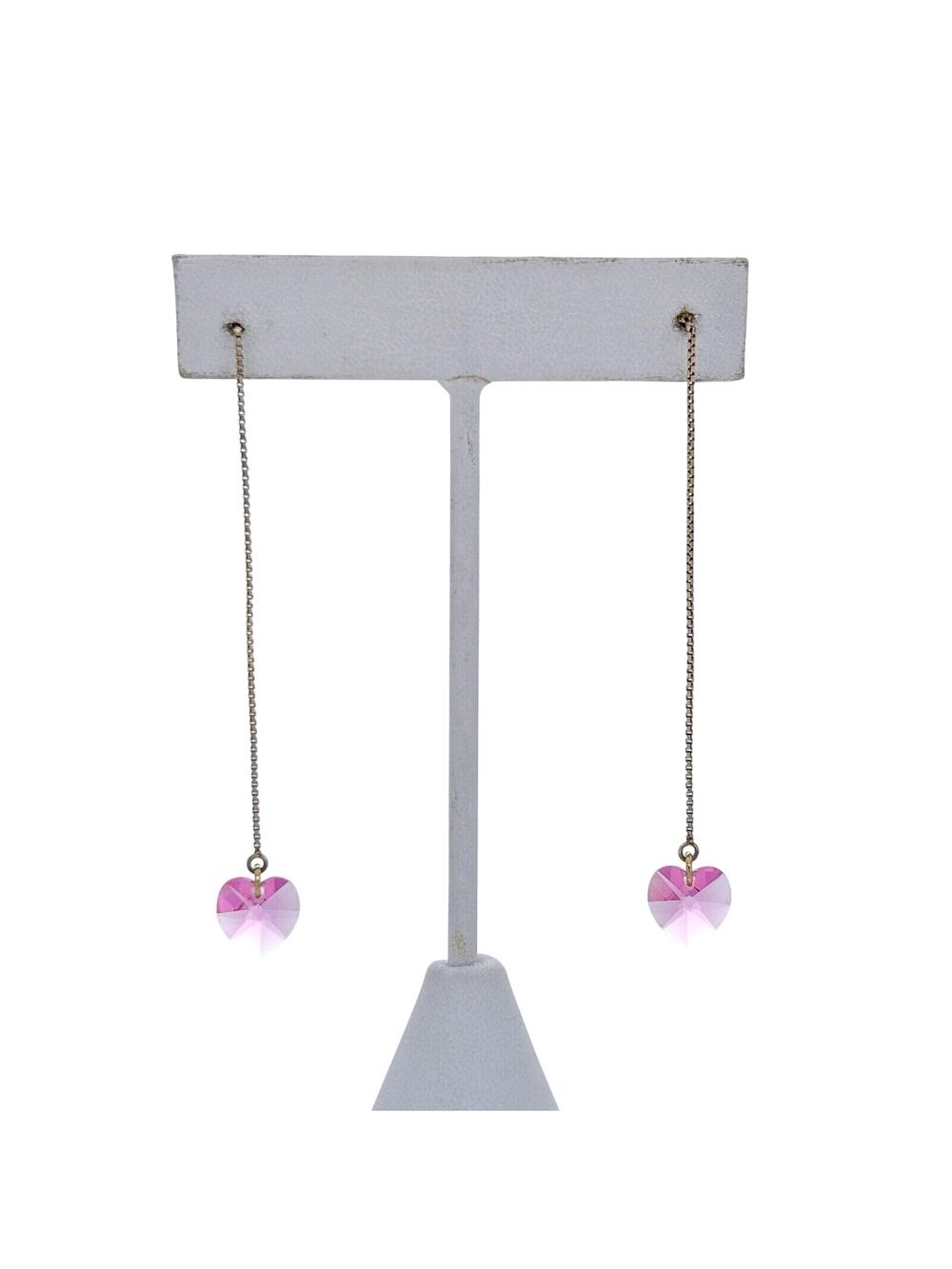 Vintage Sterling Silver 925 Pink Crystal Heart Drop Earrings